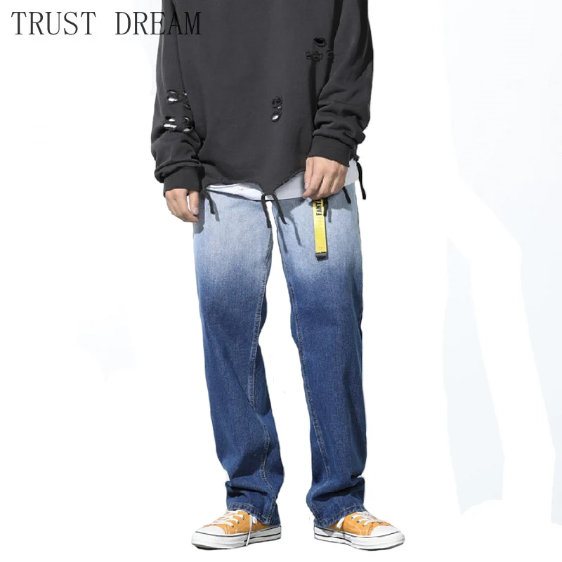 

Ins Style 2020, мужские прямые джинсы, свободные, белые, синие, черные, контрастные цвета, мужские повседневные штаны, уличная одежда в стиле хип-хо...