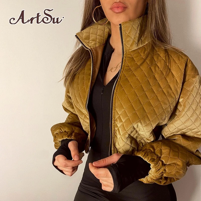 

Artsu Women Casual Velvet Winter Jacket Cotton Plaid Vintage Crop Top Zipper Stand Up Collar Jacket Coat Female Autumn