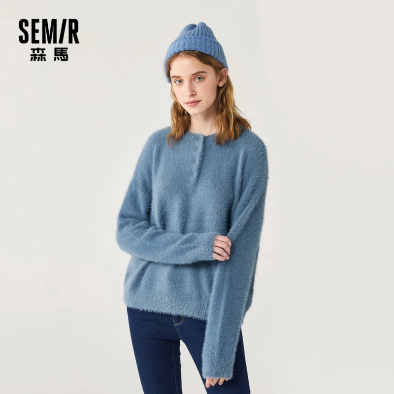 

SEMIR Sweater Women Winter New Lazy Style Loose Knit Sweater Trend Sweater O Neck Half Placket Solid Tops For Woman