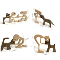 new puppy wood dog family craft figurine desktop table ornament carving model creative home office decoration love pet sculpture