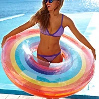rainbow inflatable circle with handled float pool swimming ring for adult kids women floating bed pool party toys