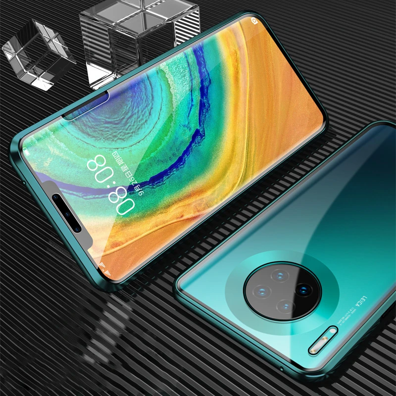 360 магнитный металлический бампер чехол для телефона huawei mate 10 20 30 Pro P30 P20 Pro Lite y9 Чехол двусторонний закаленное стекло - Цвет: Green