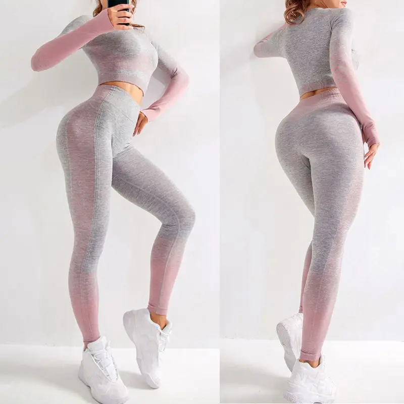Womens Naadloze Gebreide Yoga Workout Set Lange Mouw Crop Top Hoge Taille Sport Butt Lift Leggings Gym Fitness Trainingspak Womens Naadloze Gebreide Yoga Workout Set Lange Mouw Crop Top Hoge Taille Sport Butt Lift Leggings Gym Fitness Trainingspak