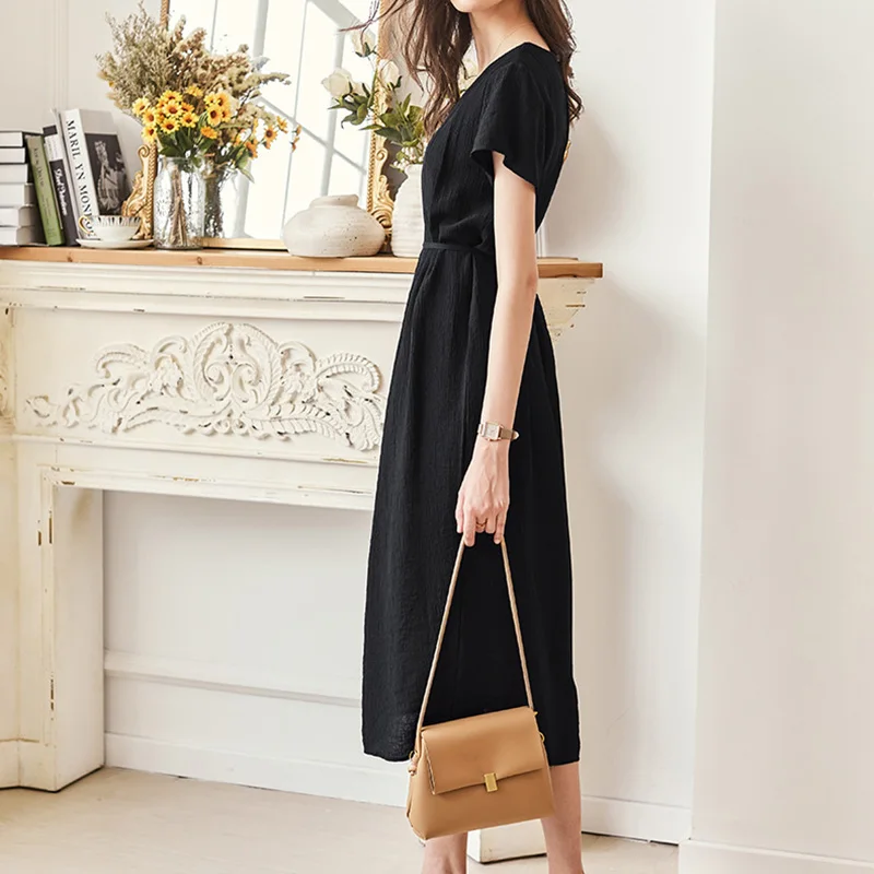 

Khaki High Waist O-Neck Long Dress Women Summer Solid Franch Style Fashion Luxury Elegant Chic Dresses Short Sleeve Lady Dress