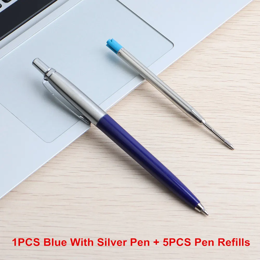 1Set Blue silver GENKKY металла Подарочная шариковая ручка ручки Core Solventborne автоматическая шариковая Ручки для школы Офис Написание 0,7 мм чернил цвет: черный, синий ручка шариковая - Цвет: 1Set Blue silver