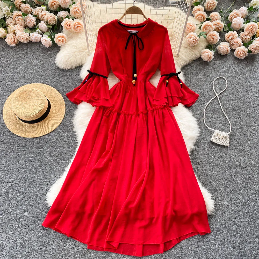 

VANOVICH National Style Waist Flared Sleeve Red Chiffon Dress New Autumn 2021 Red Elegant Dresses for Women Party