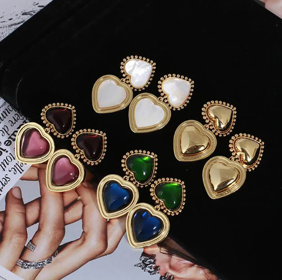 

Fashion double love crystal shell exaggerated earrings for women metal stylish vintage heart shape baroque classic ear jewelry