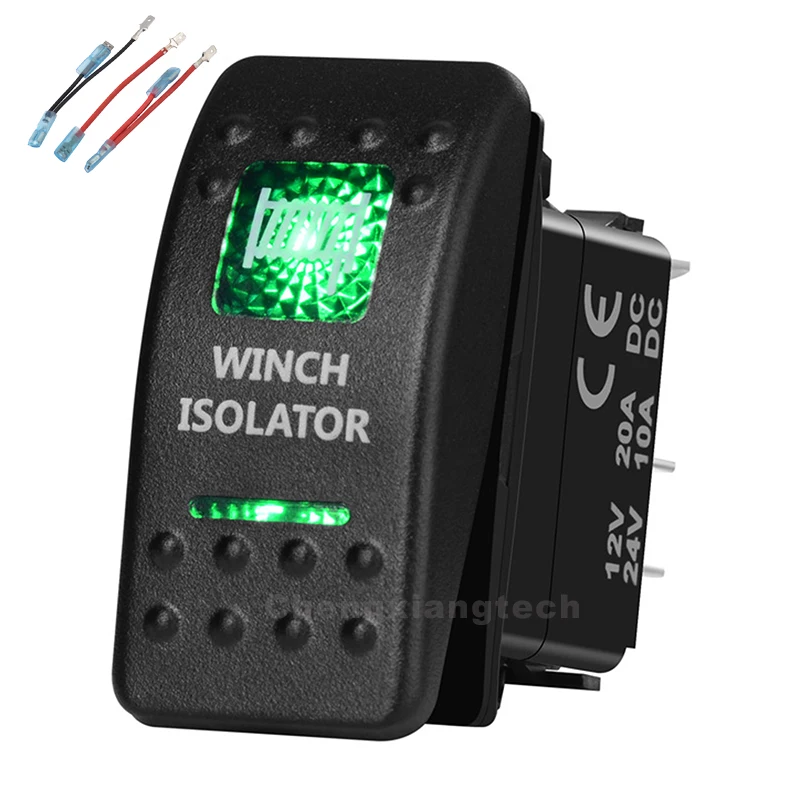 

Green Led Printed Rocker Switch Winch Isolator 5P on-off SPST 12V/20A 24V/10A+Jumper Wires Set for Car Boat Waterproof