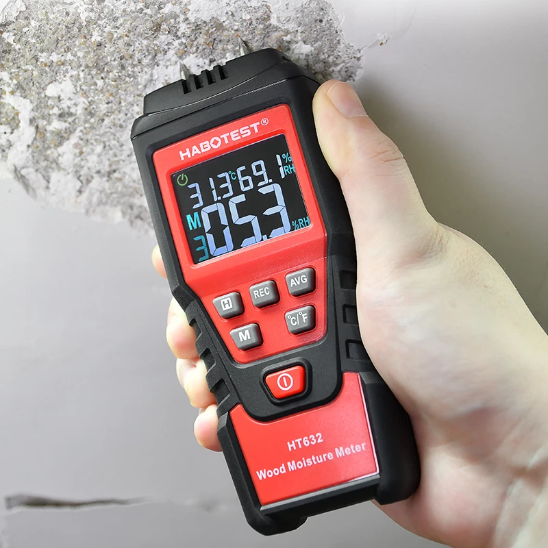 HABOTEST HT632 Digital Wood Moisture Meter Two Pins LCD Color Display Timber Damp Analyzer Material Hygrometer Temp Data Hold |