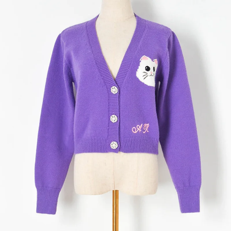 Женский Укороченный кардиган с V-образным вырезом трикотажный фиолетового цвета