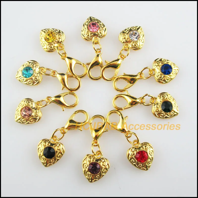 

10 New Heart 10x11.5mm Charms Mixed Round Crystal Gold Color Retro With Lobster Claw Clasps
