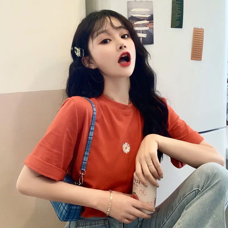 Футболка с маргариткой Женская Ins модная простая Свободная кофта для студенток и