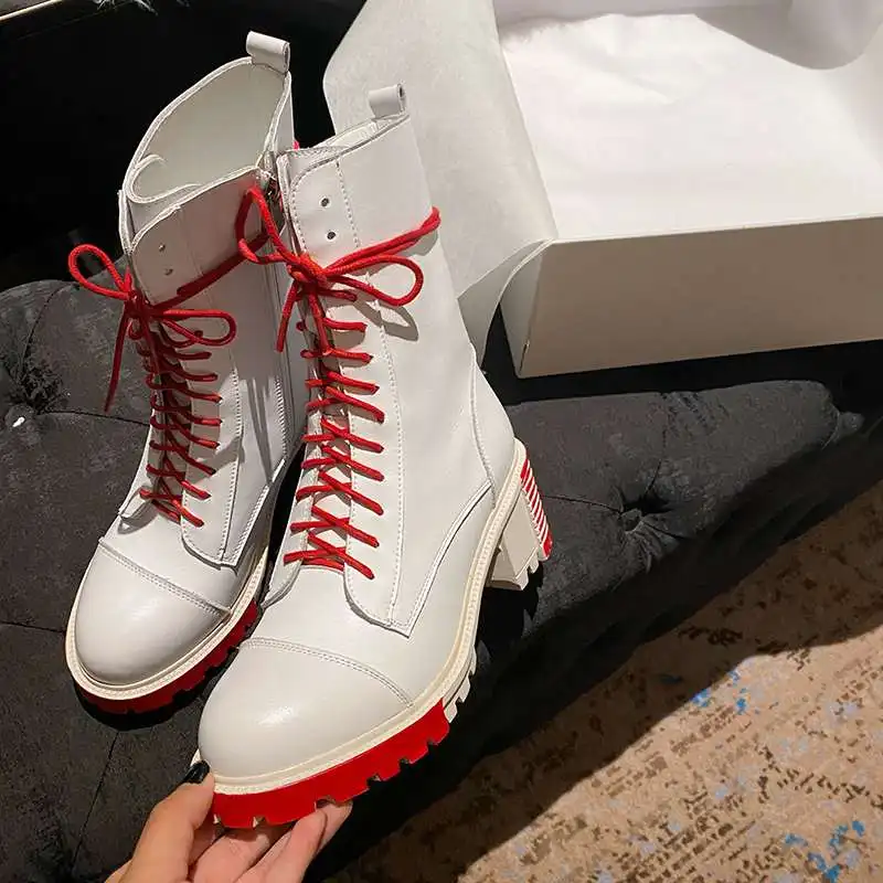 

Lenkisen winter season new arrival three colors split leather round toe high heel riding boots cross-tied modern ankle boots L25