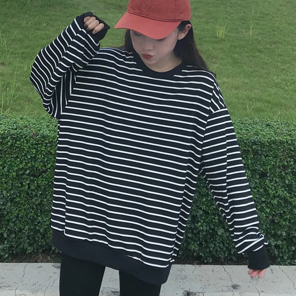 Осенние толстовки для женщин 2019 с О образным вырезом в полоску Свободный Топ