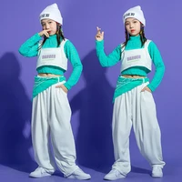 kid kpop hip hop clothing green crop top long sleeve shirt white vest streetwear casual pants for girls dance costume clothes
