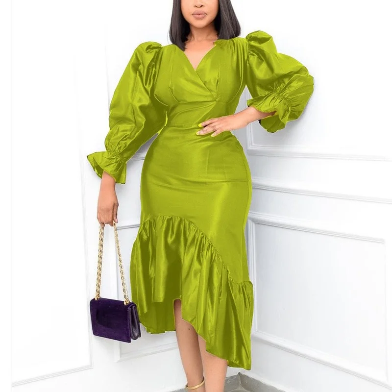 

Autumn Winter New 2021 Solid High Waisted Full Sleeve V Neck Mermaid Fashion Elegant Vestidos Business Work Formal Dress Midi OL