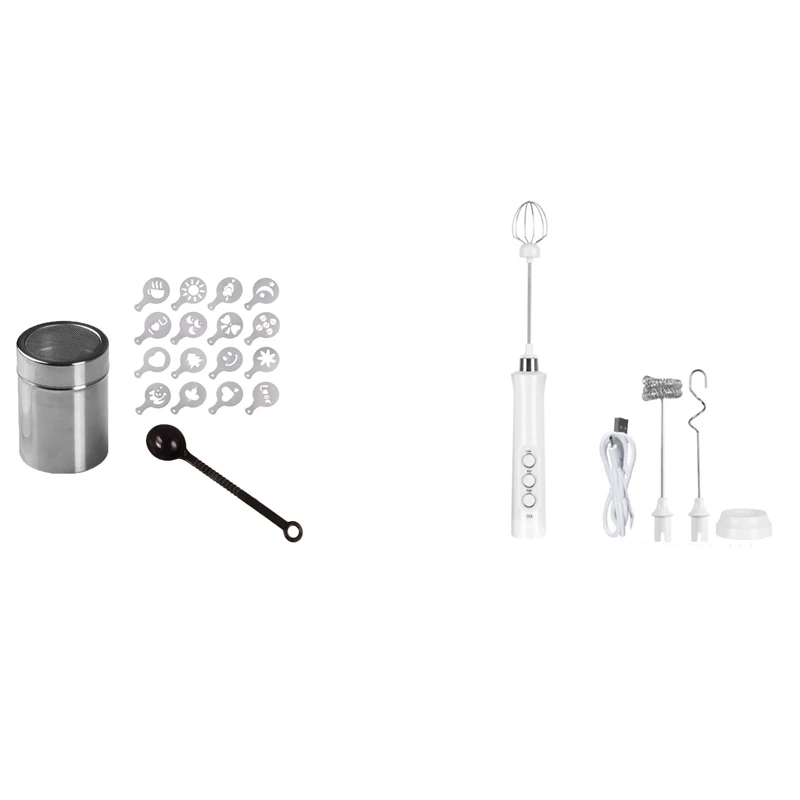 

1 Set Garland Mold Coffee Printing Flower Model & 1 Set Rechargeable Milk Frother Handheld with Charging Stand