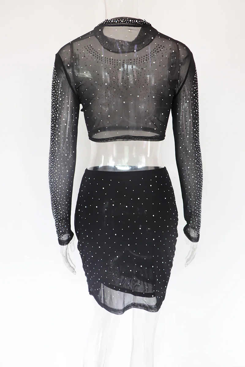 

Sequins Mesh Embellished Mini Dress Club Overalls Glam Silver Rhinestone Studded Skirt Set Womens Sexy Hollow Out