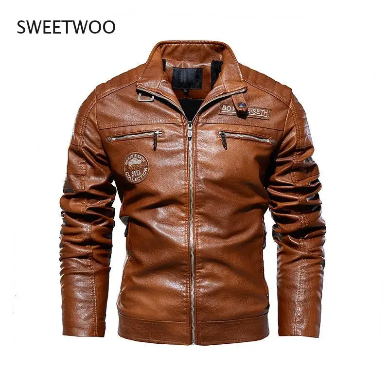 

Leather Jacket Men Winter Fleece Motorcycle PU Leahter Jacket Male Stand Collar Casual Windbreaker Slim Coat 4XL