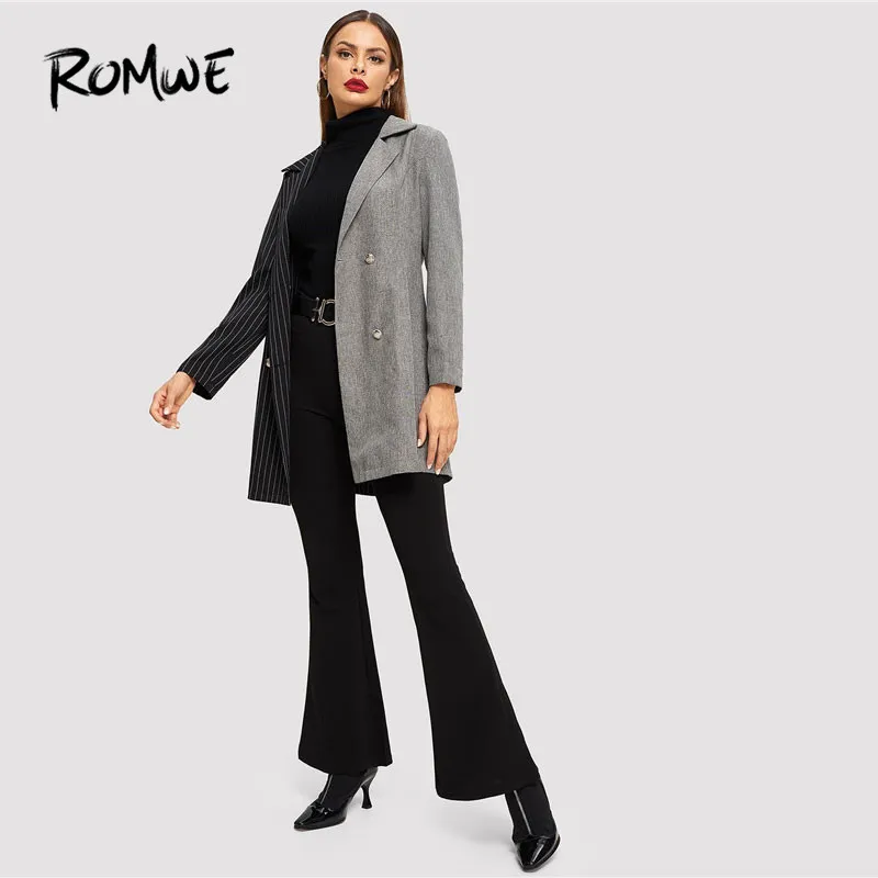 ROMWE Notch Collar Colorblock Striped Coat Women Blazer Autumn Fashion Ladies Jackets Fall Elegant Black Double Breasted Blazer