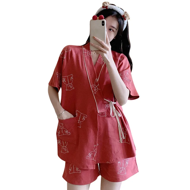

Summer new style cotton pajamas women's short-sleeved shorts Japanese kimono Japanese cardigan lace up girl student home service