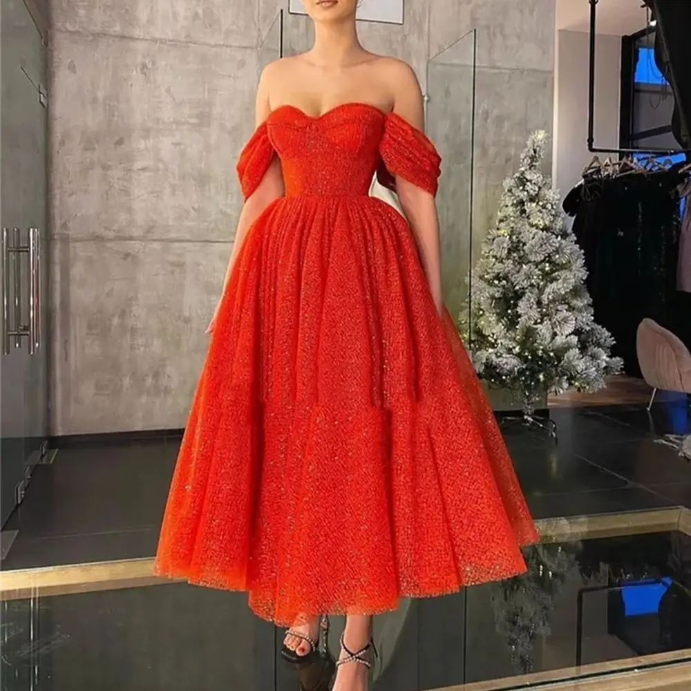 

Red Glitter Tulle Short Prom Dresses 2021 Off Shoulder Sweetheart Tea-Length A-Line Wedding Party Gowns Graduation Dresses