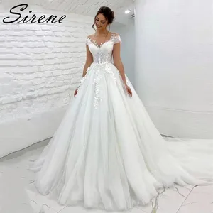 Princess Ball Gown Wedding Dress 2022 V-Neck Lace Appliques Cap Sleeves Bridal Dress With Buttons Ba