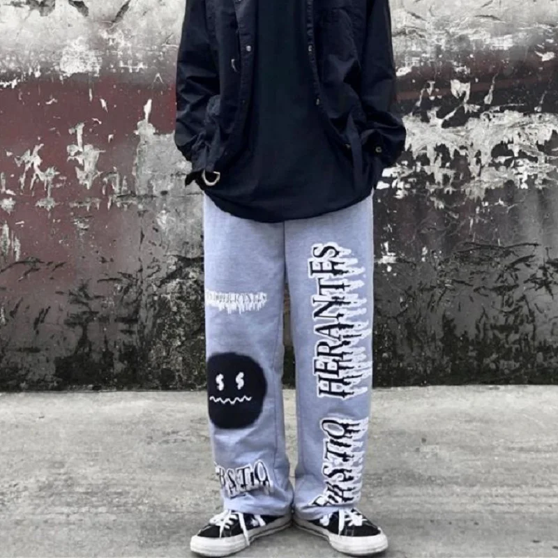 

QWEEK Gothic Harajuku Wide Leg Pants Women Hippie Streetwear Gray Graffiti Print Jogging Sweatpants Oversize Dark Black Trousers