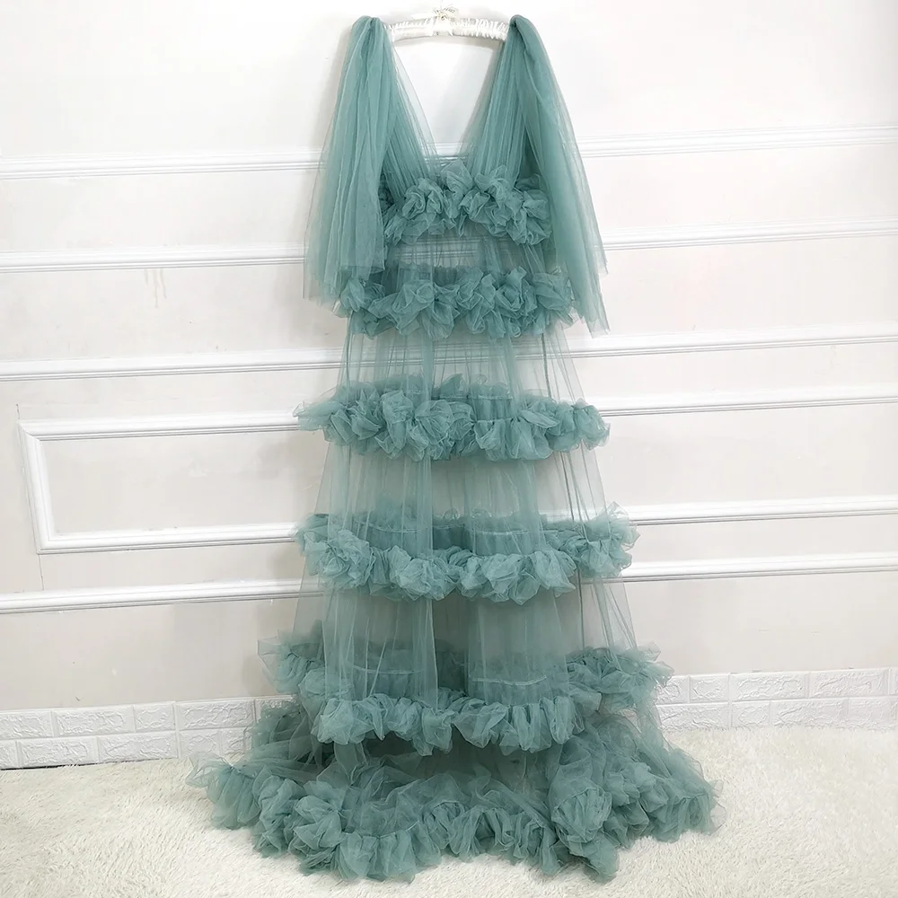 Real Picture Robe Bridal Dressing Gown Transparent Sleeve Maternity Dress Photo Shoot Robes Ruffles Tiered Custom Made | Свадьбы и