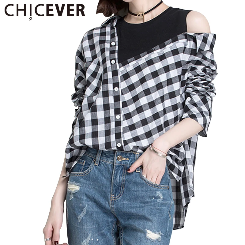 Chicever мода плед Топ женский сексуальный длинным рукавом и открытыми плечами Для