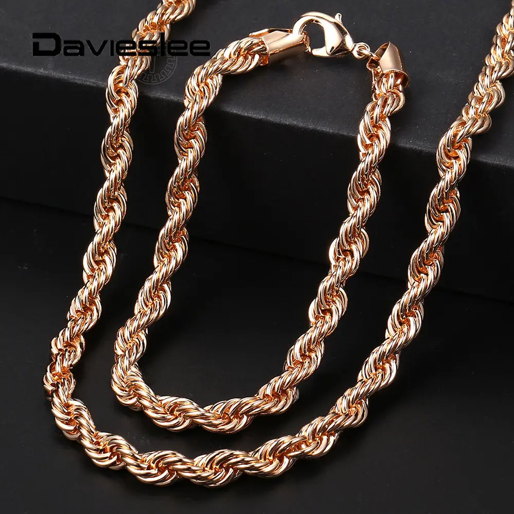 

5/6mm Necklace Bracelet Set for Women Men 585 Rose Gold Color Twisted Rope Link Chain Party Wedding Jewelry Sets Fashion LCS19