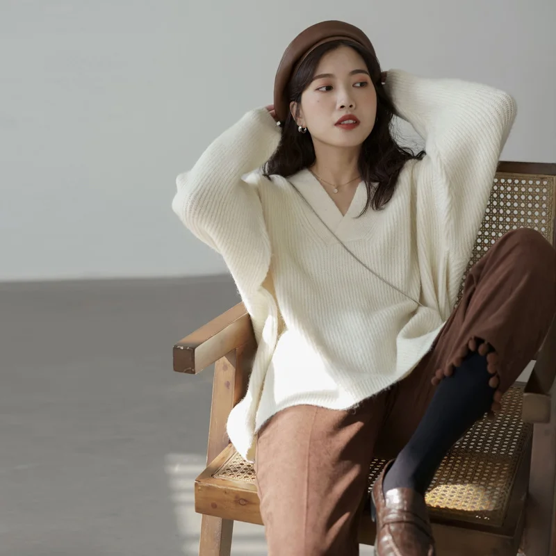 Вязаная Женская осенне-зимняя одежда французский Свободный пуловер свободного