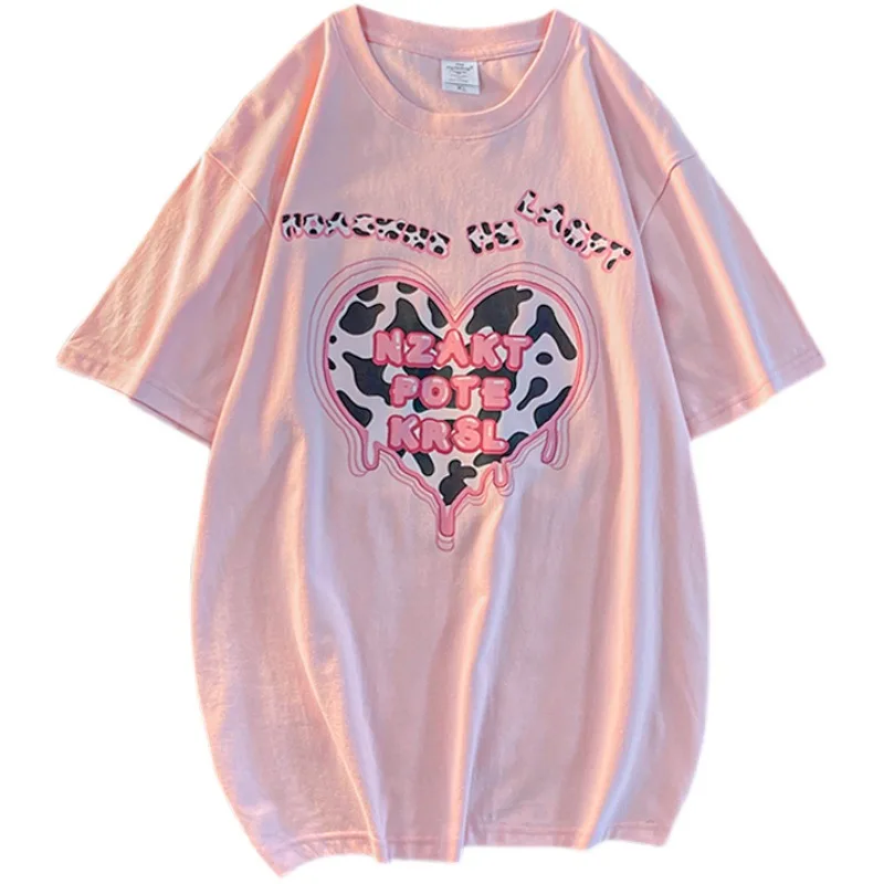 

Women's Oversized Short Sleeve Goth T-Shirts Urban Basic Cow Love Letter Print Top Cool Sweet Kawaii Girl Y2k Vogue Cute Tshirt