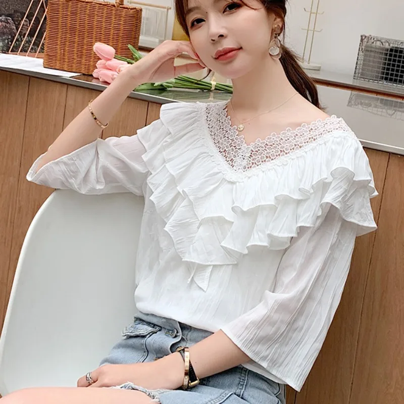 2020 новые летние v-образным вырезом оборками рубашка дизайн чувства нишу белая из