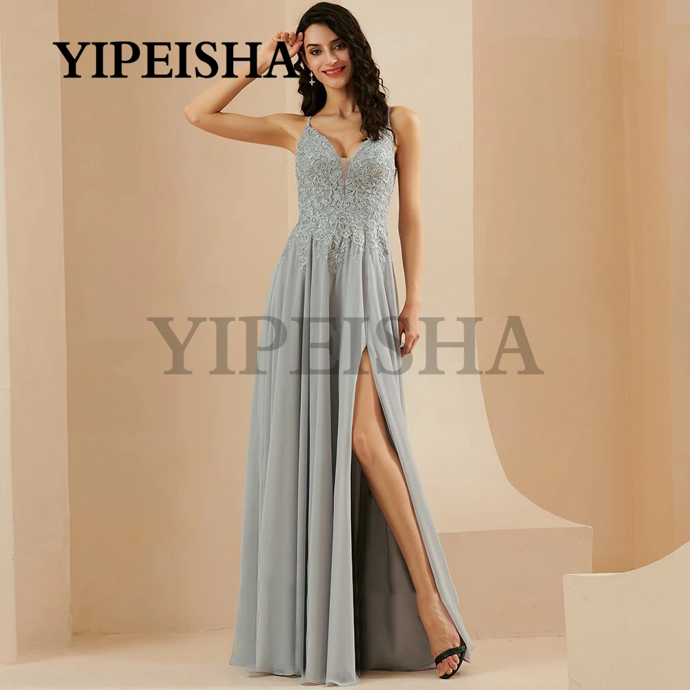 Robe de soirée en mousseline de soie, col en v, dos nu, bretelles Spaghetti, fente haute, robes d'occasion  (0)