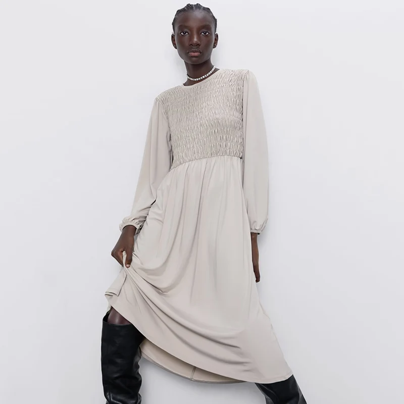 Женское эластичное платье ZA повседневное свободное однотонное с длинными