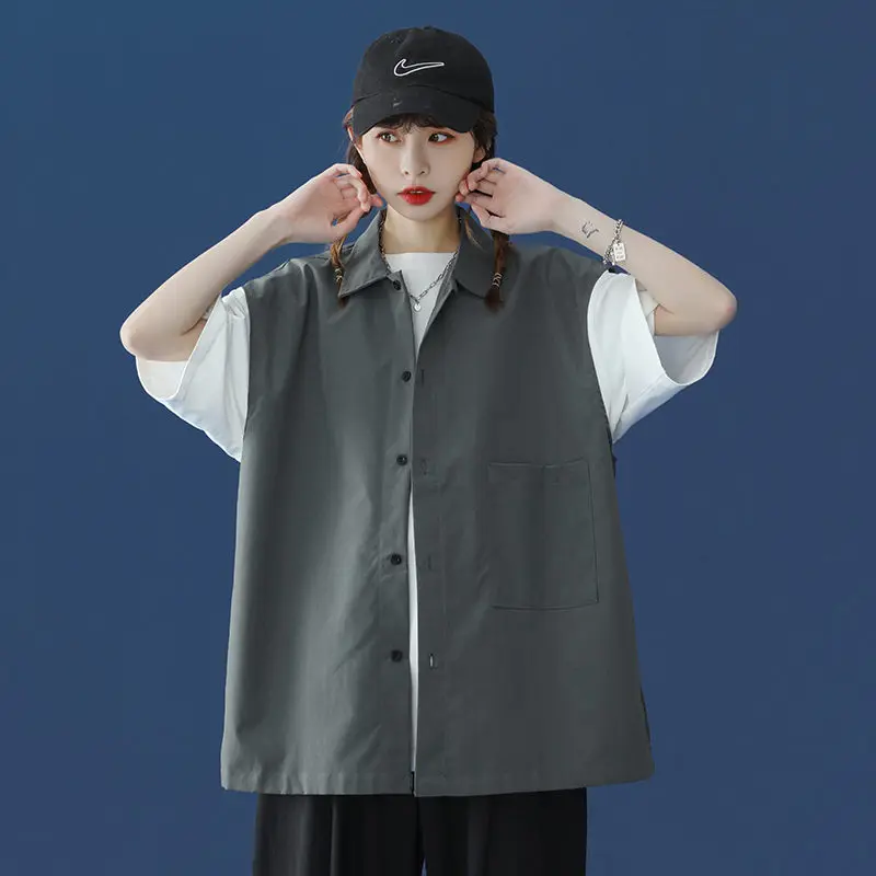 

Summer Pink Shirt Vest Female Thin Design Loose Sleeveless Blouse Chic Korean Style 2021 New Lady Loose Waistcoat Shirt aq1267