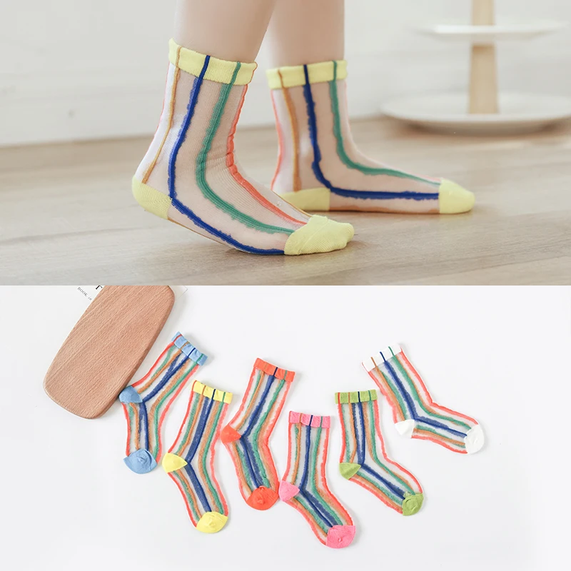 Детские летние короткие носки с радугой тонкие прозрачные прозрачными