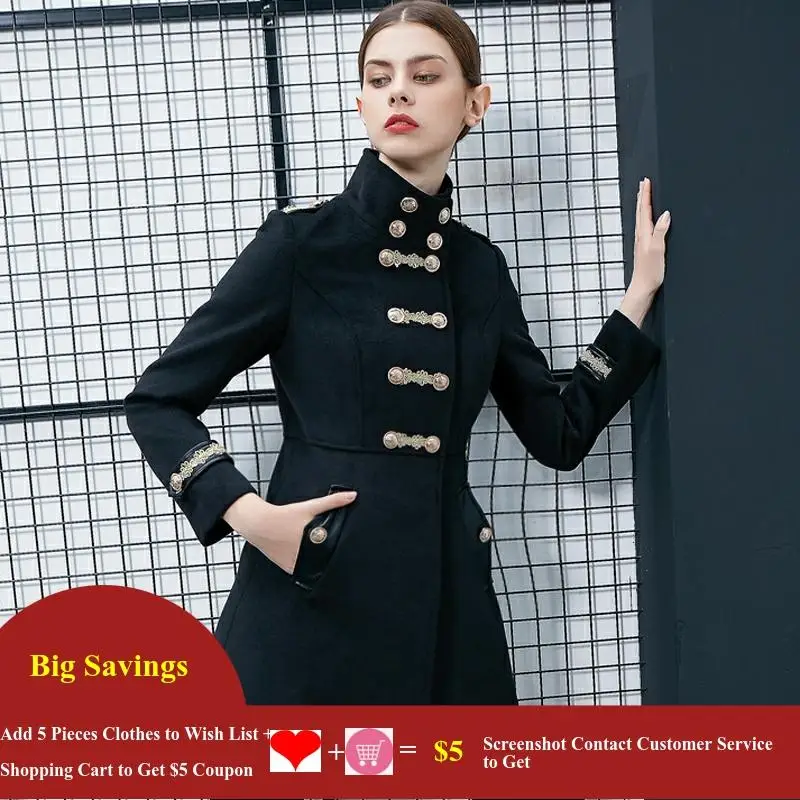 Двубортное шерстяное пальто с золотыми пуговицами и вышивкой приталенное