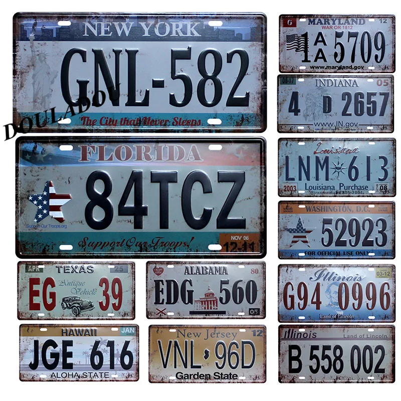 

[Douladou] USA Car Number License Plate Plaque Poster Vintage Metal Tin Signs Bar Club Garage License Plates 30x15 CM