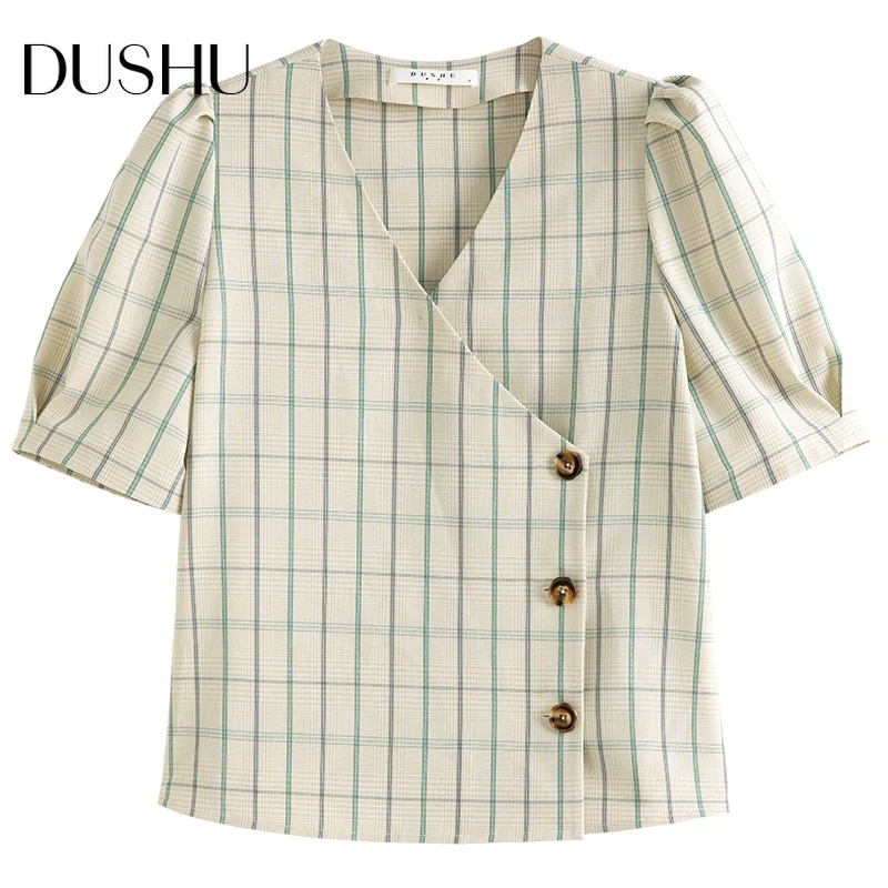 

DUSHU Plus size puff sleeve sexy plaid blouse shirt Women v neck summer green vintage wrap top Female elegant button up shirt