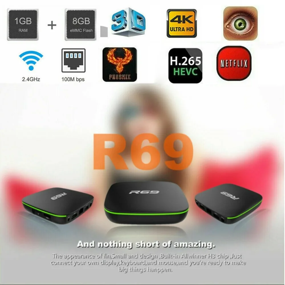 Великобритания Plug R69 Android 7,1 Smart tv Box 1+ 8G четырехъядерный HD 2,4 ГГц WiFi 4K медиаплеер 1080P HD Поддержка 3D фильма