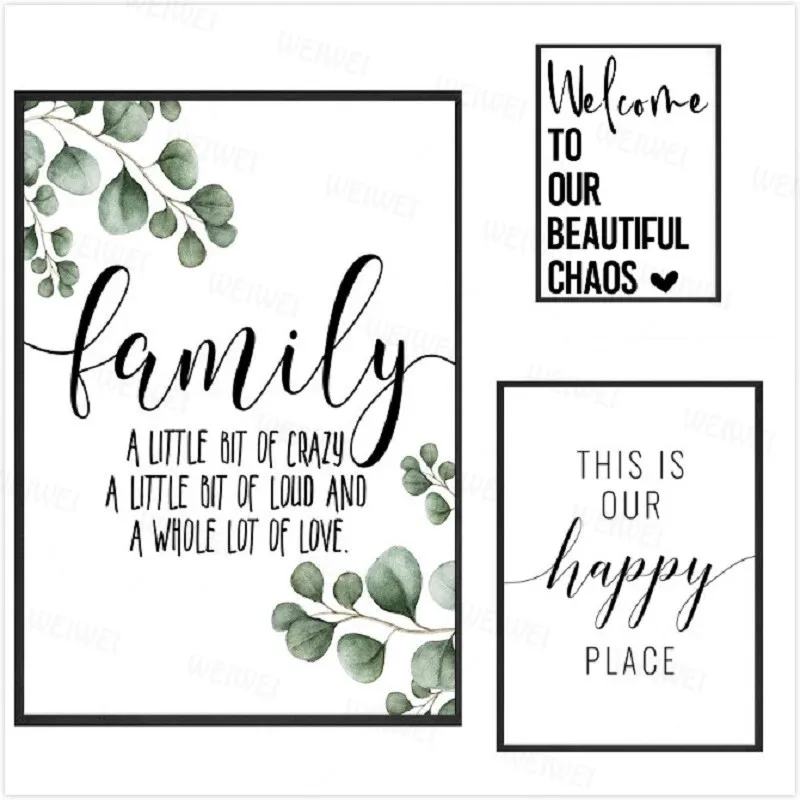 

Family Simple Quote Canvas Painting Picture Green Leaves Black White Wall Art Nordic Modern Prints Poster Aesthetic Room Decor