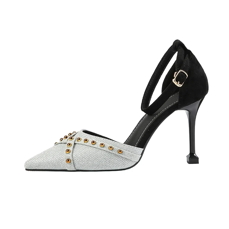 

Color Matching Pointed Sequins High Heels Wild Fine Pearl Shallow Mouth Word Belt Sandals Hollow Baotou Single Shoes