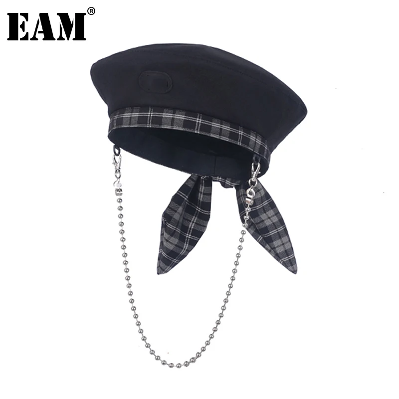 

[EAM] Women Black Removable Chain Vintage Plaid Bow Fishermen Hat New Round Dome Temperament Fashion Tide All-match 18A3604