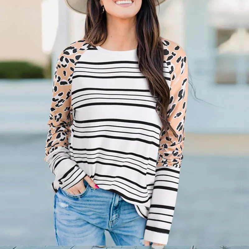

Women's Casual Loose Color Long-sleeved Leopard Striped T-shirt Female Round Neck Sweater