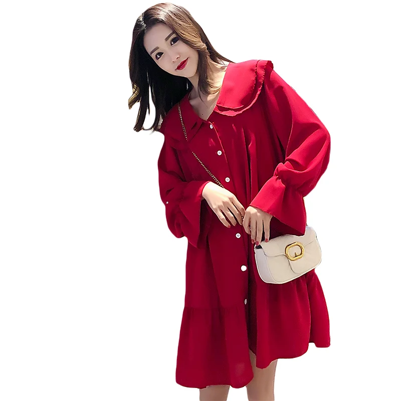 Осеннее платье для беременных женщин двухслойное с воротником Питер Пэн и