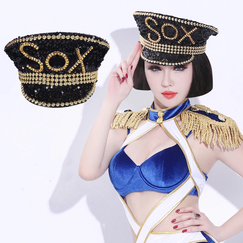 Новая модель Для женщин Форма полицейские фуражки модная шляпа с пайетками для