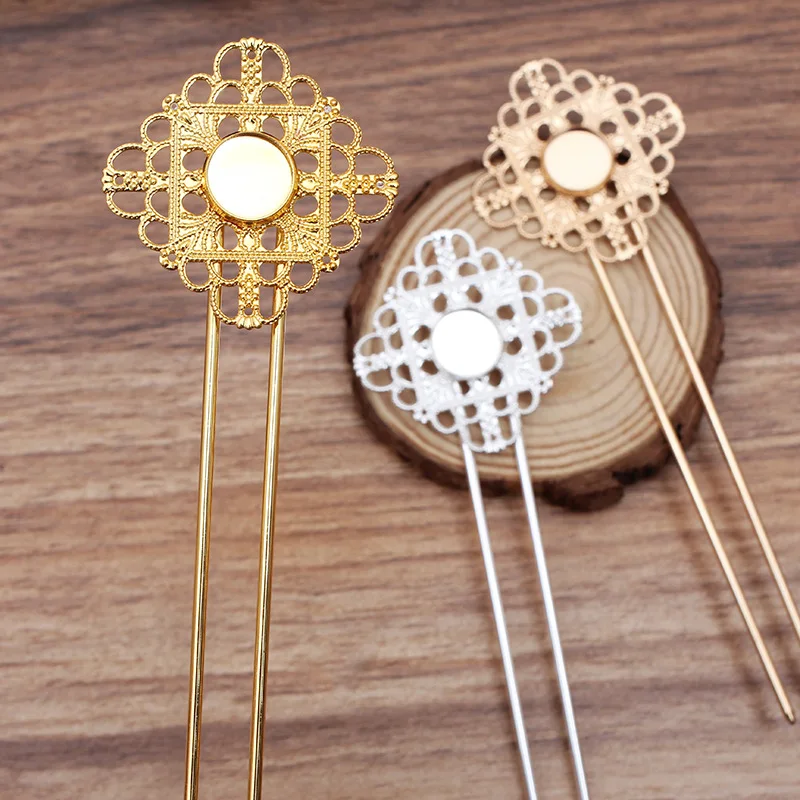 

Vintage Hair Stick Filigree Square Flower 12mm Round Smooth Bezel Cabochon Bases Hairpins Findings for Wedding Bridal Headdress