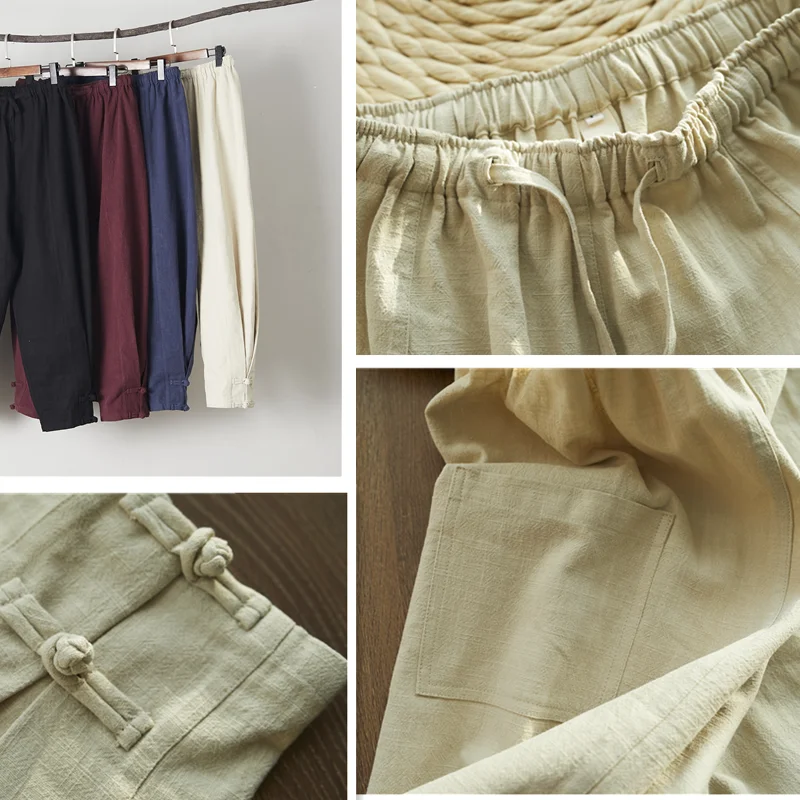 

Men's Chinese Ethnic Style Hand Made Botton Elment Trousers Elastic Lace Up Hemp Linen Cotton Pencil Pants